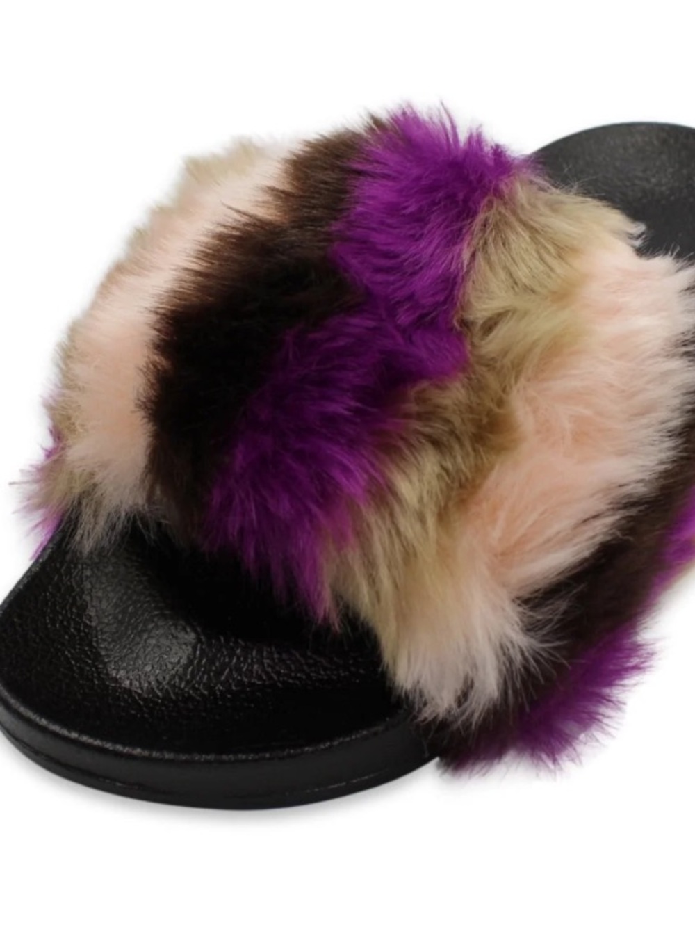 Faux Fur Slide Sandals in Purple, Pink & Brown